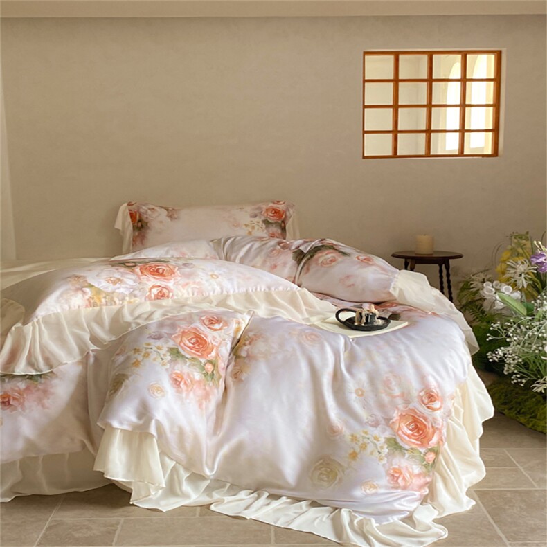 新款棉数码印花雪纺荷叶边四件套-梦幻花园梦幻花园，床品套件，一起卖家纺