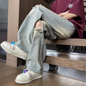 高街破洞牛仔裤水洗直筒高街痞帅宽松阔腿长裤子K7018-P45网络图