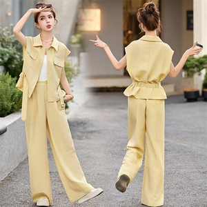 黄色绝美休闲套装裤女2025夏季新款系带收腰衬衫工装阔腿裤两件套图片