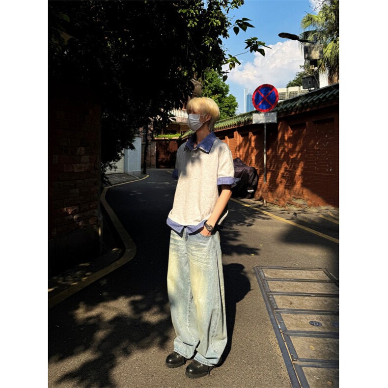 得物抖音高品质二开 夏季美式潮牌高街假两件格子衬衣翻领短袖T恤图片