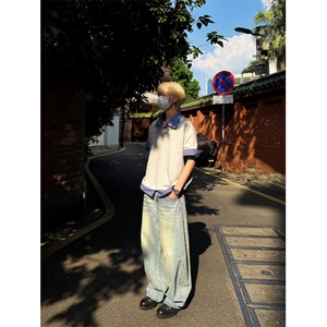 得物抖音高品质二开 夏季美式潮牌高街假两件格子衬衣翻领短袖T恤图片