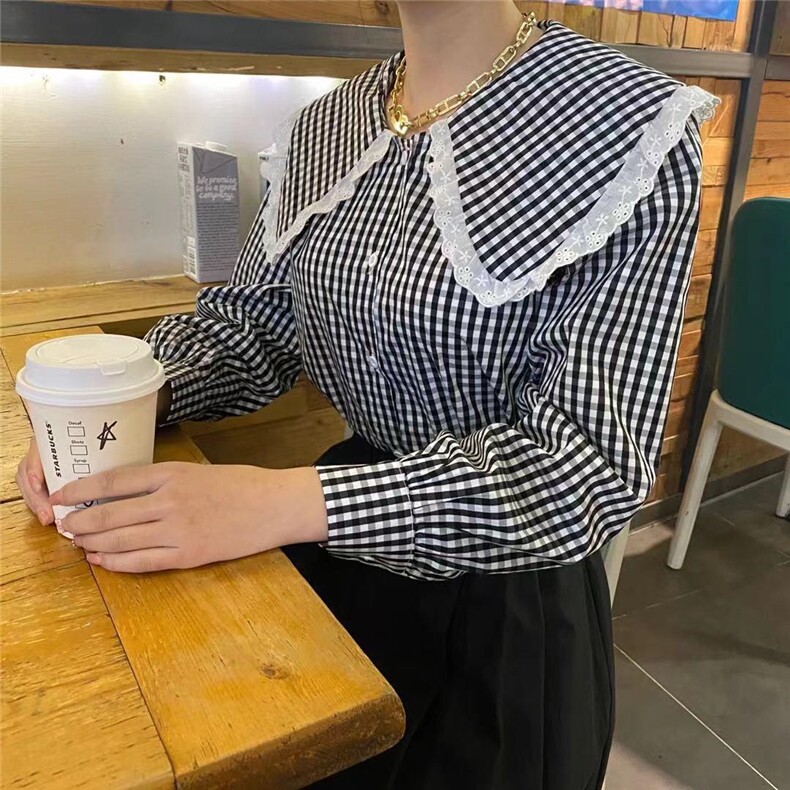 娃娃领格子小衫现货现货，其它，朵缇