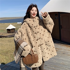卡其色连帽圆点皮毛一体大衣2C167-893-P235-K318，女装棉衣/棉服，2C167