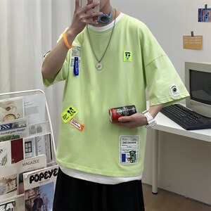 主推款夏季短袖t男潮流港风贴标重磅t恤衫A210-A8363-P35控58图片