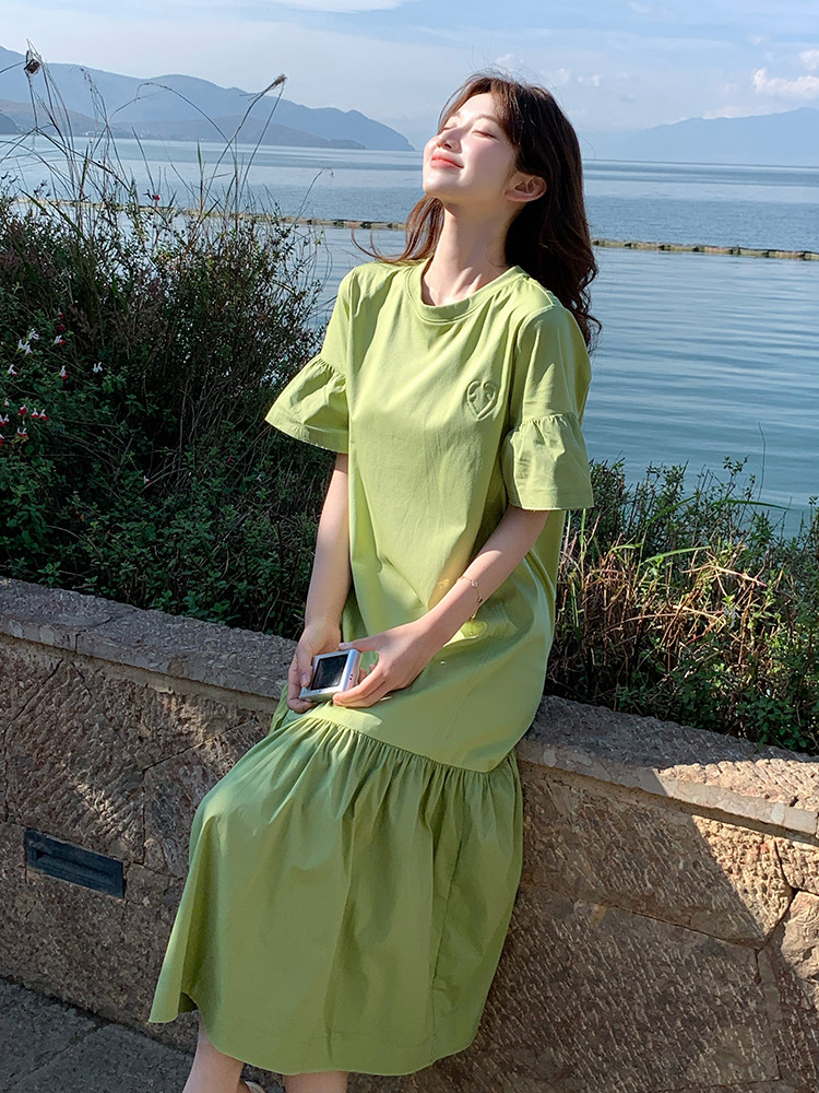 2025夏季新款牛油果绿超好看T恤裙女法式撞色拼接裙摆设计感长裙,女装连衣裙,浙宝276（原081）