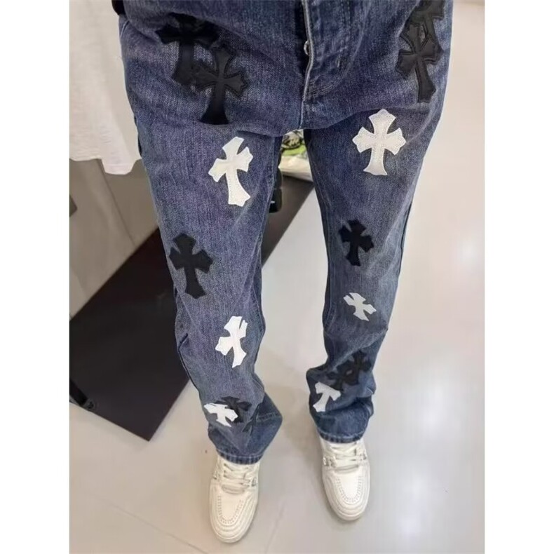新款潮十字架梵文贴皮水洗牛仔裤男女宽松高街直筒长裤AMS31P68,男装皮裤,星座1013-5