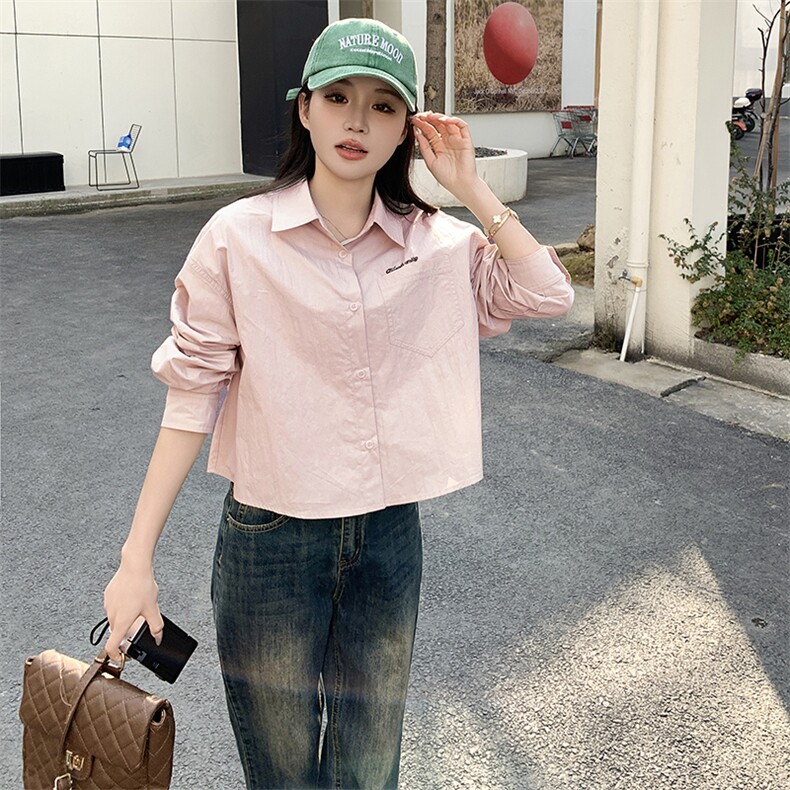 时尚新品短款淡粉色棉衬衫女字母口袋宽松休闲衬衣百搭休闲上衣长,女装衬衫,鑫慧