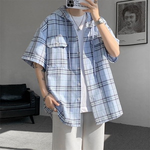 现货 T10118-特批42 控78 活力格子衬衫男女宽松T恤短袖连帽开衫图片