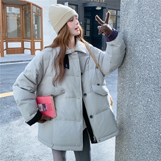 翻领面包服羽绒服女中长款卡其色加厚外套2025冬季新款设计感宽松，女装羽绒服，2C300