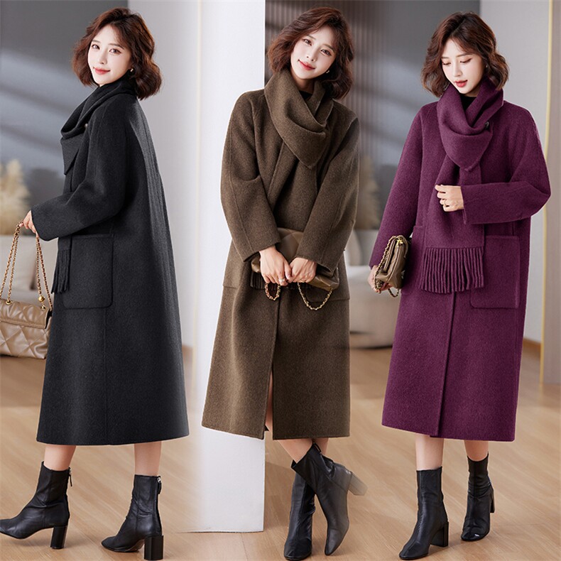 2024秋冬新款时尚气质中长带围巾可脱卸100%绵羊毛双面呢大衣外套，女装双面呢大衣，媚琳依坊
