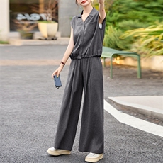 蓝色高级感韩系套装女小个子2025夏季新款V领衬衫+宽松百搭阔腿裤，女装套装/套裙，潮流依族