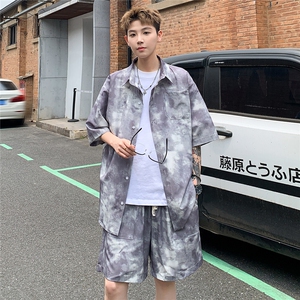 2025美式扎染印花冰丝凉感短袖衬衫薄套装 TZ3456/特P45 灰色6图片