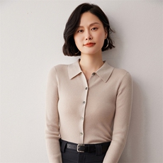 秋冬新款洋气时尚百搭显瘦女款POLO领35%山羊绒开衫，女装羊绒衫，艾巧羊绒