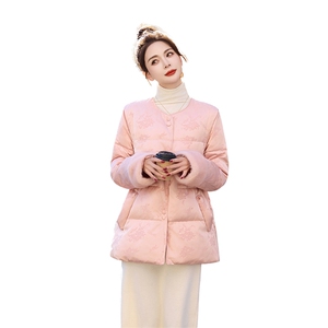 羽绒服女中长款2024冬新款今年流行新中式国风收腰粉色提花厚外套图片