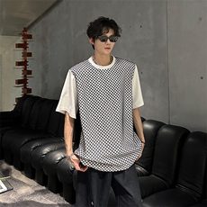 纱网撞色假两件小众设计T恤重磅垫肩美式拼接短袖953P48，男装T恤，电商A458A