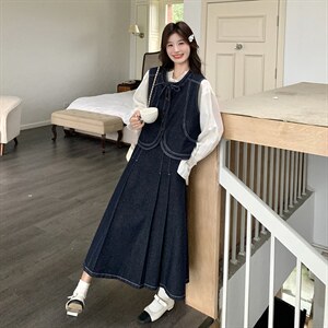 春现 明线复古日系牛仔马甲连衣裙套装B190-506-P185-K258图片