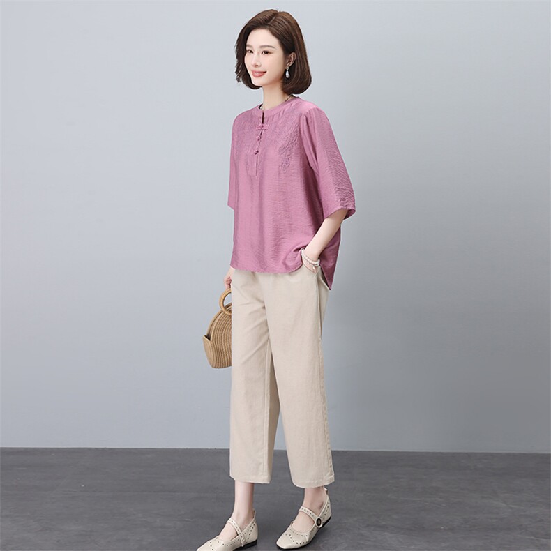 棉麻刺绣衬衫套装女2025夏装新款时尚中年妈妈宽松减龄亚麻两件套,女装套装/套裙,依恋蒂丝