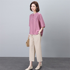 棉麻刺绣衬衫套装女2025夏装新款时尚中年妈妈宽松减龄亚麻两件套，女装套装/套裙，依恋蒂丝