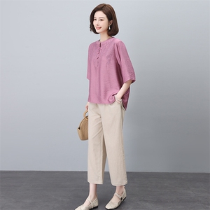 棉麻刺绣衬衫套装女2025夏装新款时尚中年妈妈宽松减龄亚麻两件套图片