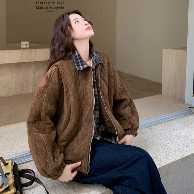 格纹拼接假两件菱格棉服外套女2025冬季新款美拉德复古宽松夹克潮，女装棉衣/棉服，浙宝217