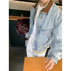 A180-P78撞色复古翻领夹克牛仔衣男春秋季美式街头怀旧风水，男装T恤，电商B323A