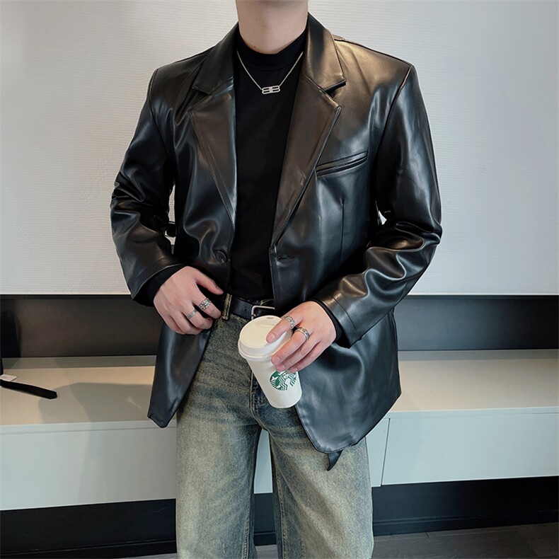 皮西装男秋冬加绒保暖ins网红休闲高级感PU皮西服外套XZ036-P130,男装西服套装,电商B267