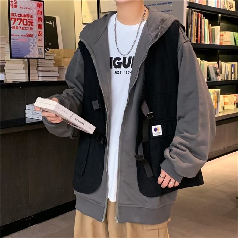 春季新款假两件工装开衫卫衣情侣宽松上衣服外套机能风W3627-P53,男装夹克,星座512-2
