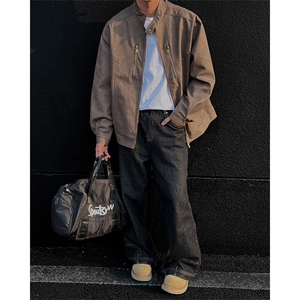 春秋外景复古重磅工装皮衣外套男潮宽松大码情侣机车夹克J02/P100图片
