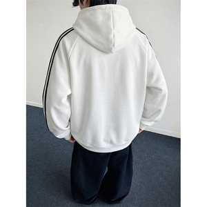抖音得物高品质26春装美式高街全棉宽松三条杠织带连帽卫衣CM06