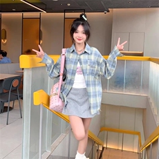 Zone秋新款韩版2024休闲格子百搭宽松慵懒情侣款开衫衬衫女蓝黄，男装衬衫，星座1210-1