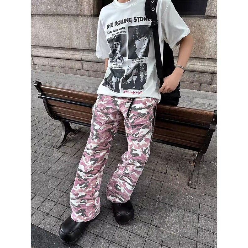 粉色工装迷彩裤男潮牌美式高街vibe裤子宽松直筒阔腿长裤，男装牛仔裤，星座506A