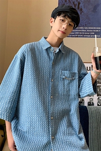 1港风金属装饰情侣大码M-5XL中性潮七分袖衬衫男QCS7078P50控69图片