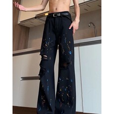 高街白色泼墨破洞牛仔裤宽松阔腿直筒裤子美式涂鸦潮牌休闲长裤子，男装牛仔裤，星座1210-1