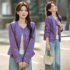 新中式风2026春秋新款紫色刺绣短外套女春季高级感显瘦气质上衣，女装短外套，悠米