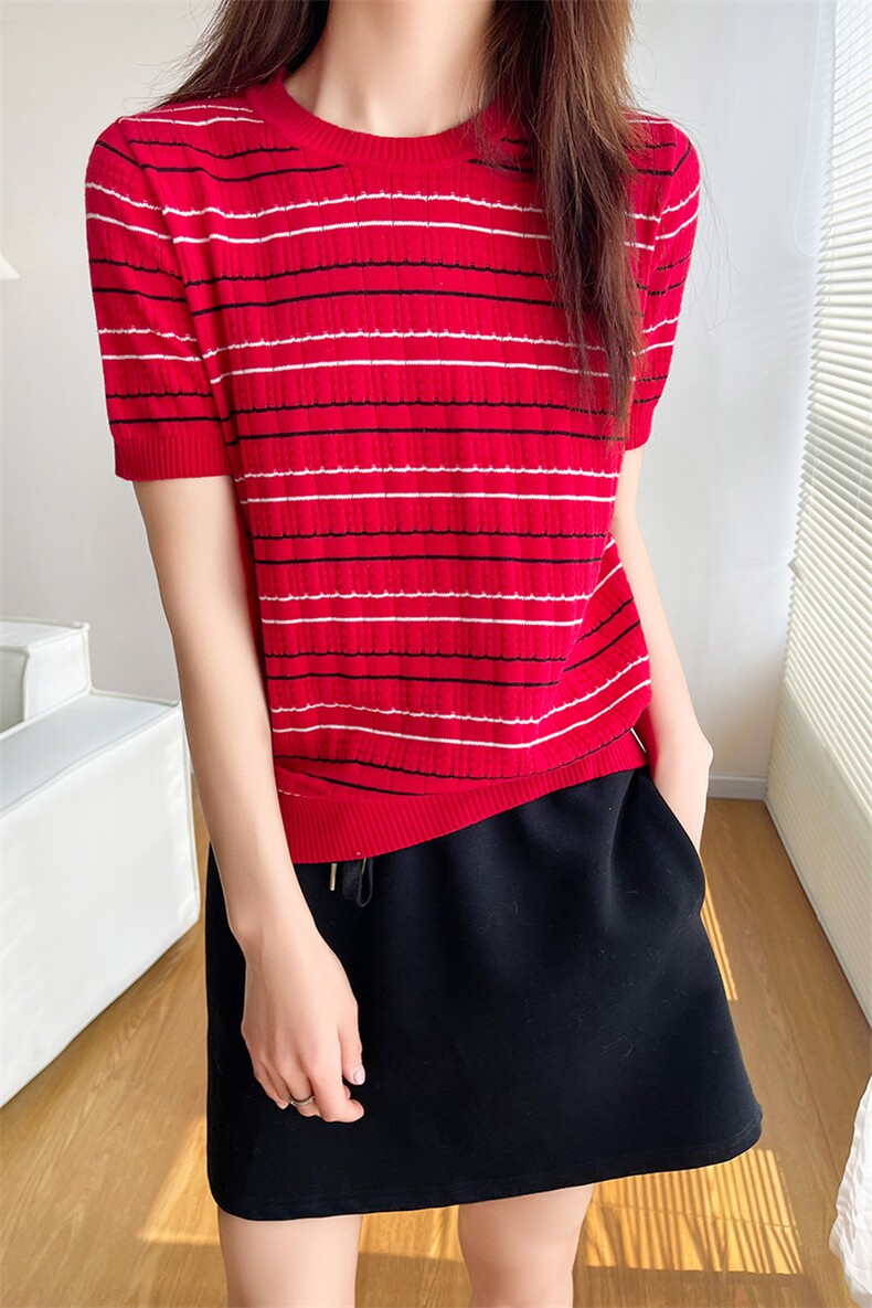 显瘦条纹减龄短袖T恤衫女纯棉通勤2025春夏新款圆领背心针织小衫,针织衫/毛衣,玛莎羊绒