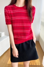 显瘦条纹减龄短袖T恤衫女纯棉通勤2025春夏新款圆领背心针织小衫，女装针织衫/毛衣，玛莎羊绒