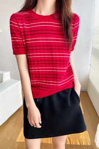 显瘦条纹减龄短袖T恤衫女纯棉通勤2025春夏新款圆领背心针织小衫图片