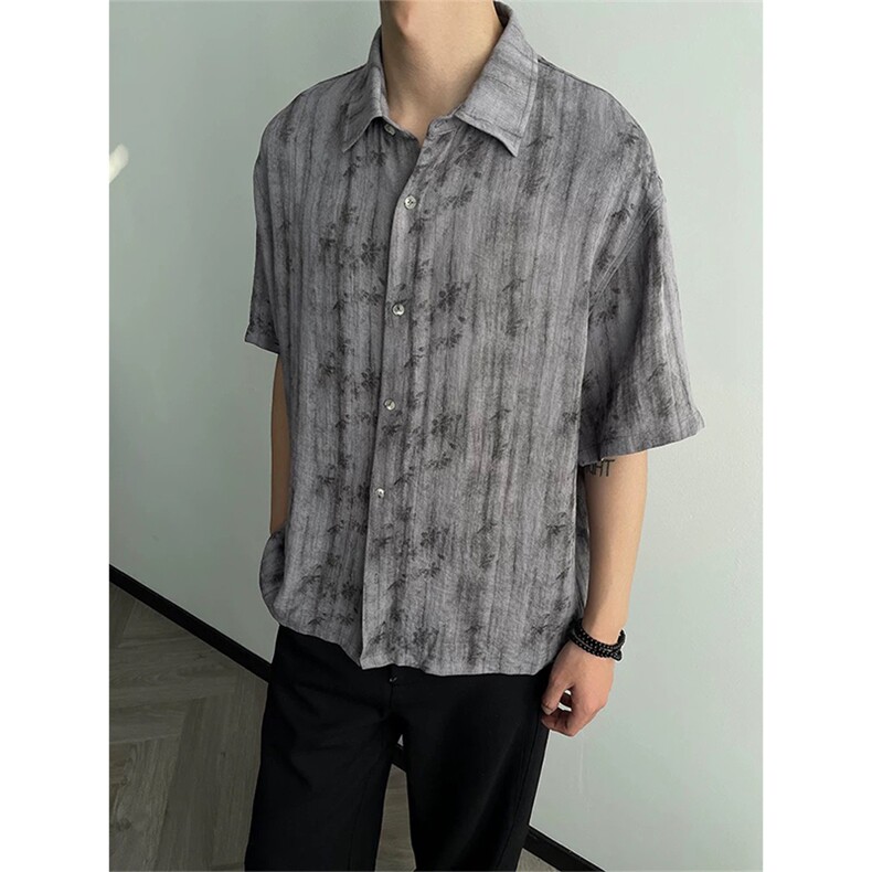 XZ1005-1-TTH100-P48新中式风短袖衬高级感衫翻领纽扣衬衣外套,男装衬衫,星座1005-1