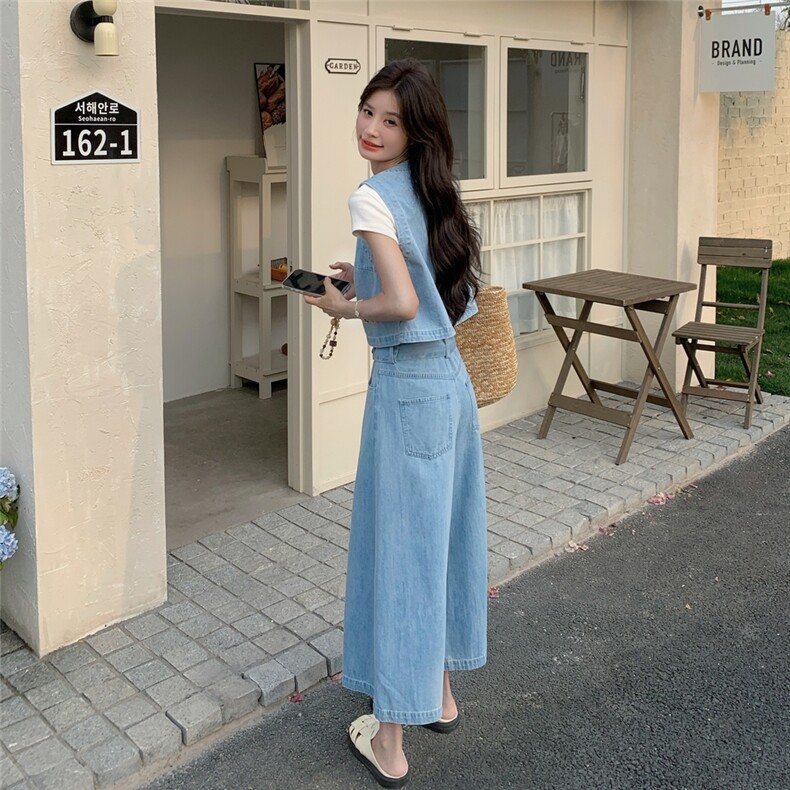 减龄时尚牛仔背心阔腿裤套装女夏ootd穿搭减龄三件套今年流行爆款,女装套装/套裙,2C012