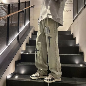 美式复古牛仔裤男女oversize宽松高街设计感阔腿裤子潮N3450-p47图片