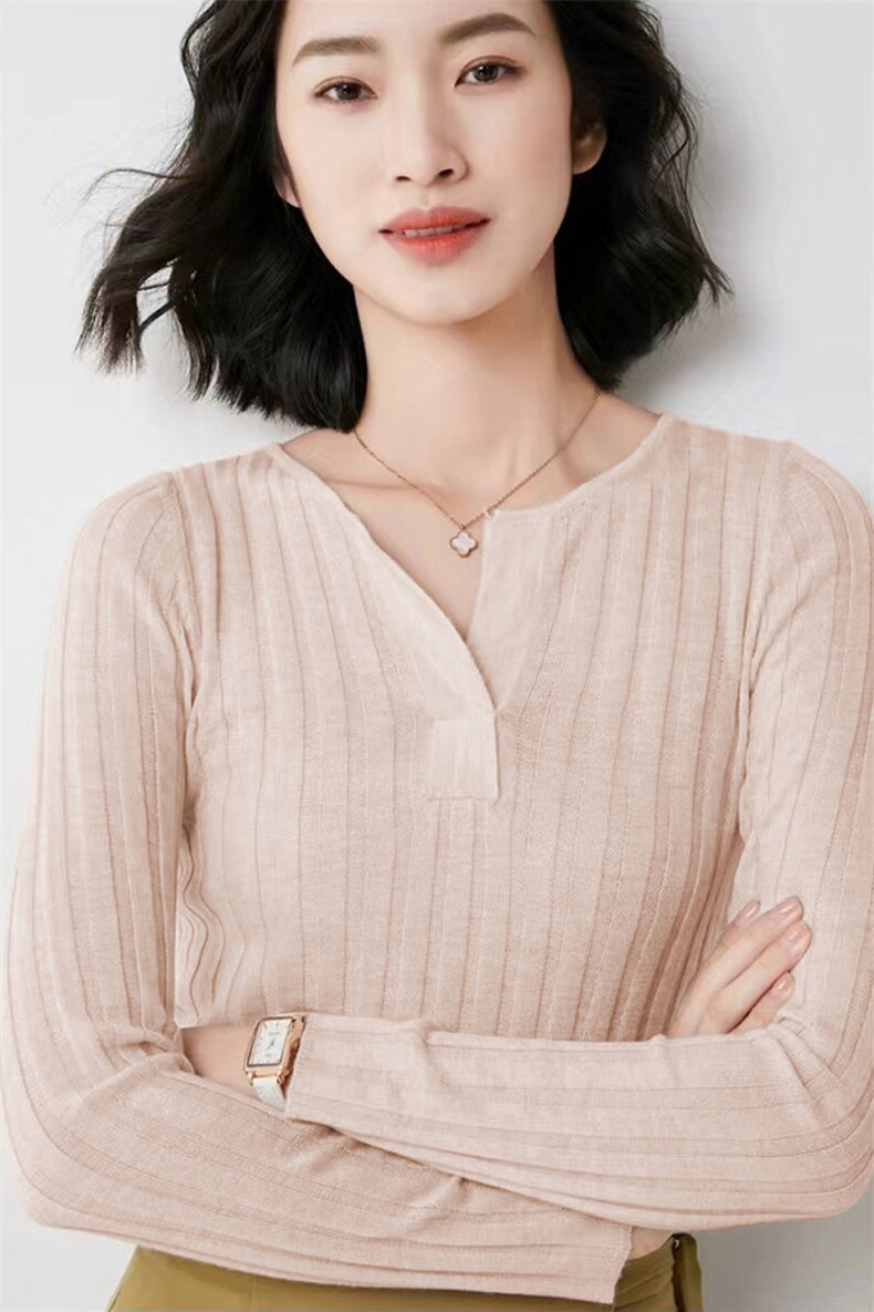 2025春夏微透超薄修身显瘦半开领精纺羊毛衫女针织打底衫套头上衣,女装羊毛衫,唯若美羊绒