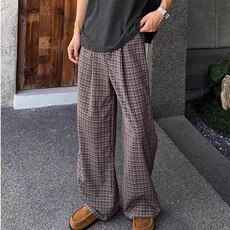 阔腿裤男女直筒长裤子秋冬新款松紧腰百搭休闲裤显瘦薄款格子裤，男装休闲裤，星座506A