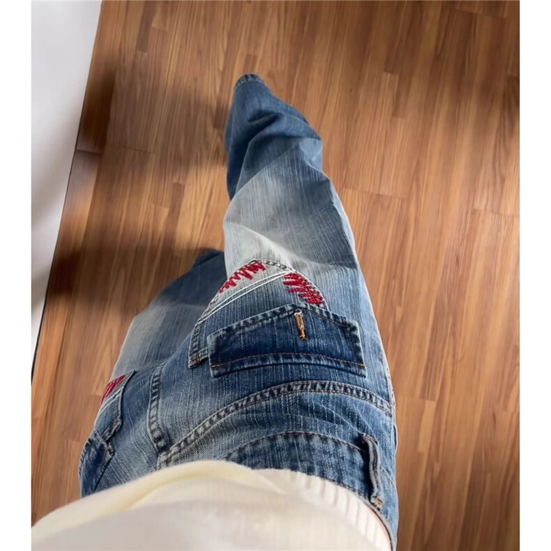 美式复古刺绣阔腿牛仔裤女新款设计感宽松显瘦拖地裤子LH033-P51,男装牛仔裤,星座1008