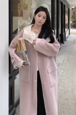 韩系甜美连帽双面羊毛大衣女2025秋冬季新款显瘦保暖长款呢子外套，女装毛呢外套，2C212