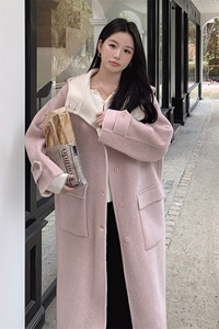 韩系甜美连帽双面羊毛大衣女2025秋冬季新款显瘦保暖长款呢子外套图片