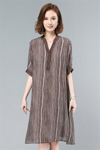 2021夏季新款简约时尚气质V领休闲舒适条纹文艺连衣裙图片
