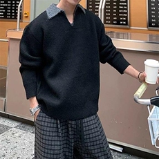 重磅北极绒假两件衬衫领毛衣美式高街复古休闲慵懒纯色翻领针织衫，男装针织衫/毛衣，电商A486-1