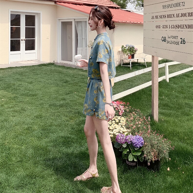 新中式风盘扣牛仔套装裙女2025年夏季新款复古印花半身裙两件套,女装套装/套裙,浙宝二楼003号