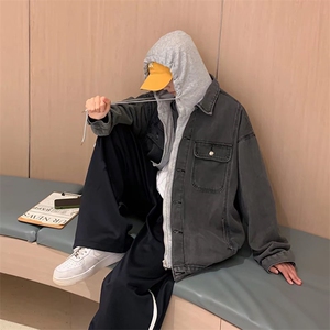 假两件连帽外套男秋冬水洗牛仔夹克ins潮宽松百搭衣服JK6058-p70图片