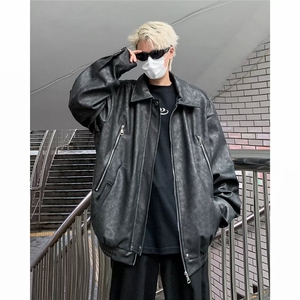 美式潮牌重磅棕色机车外套复古oversize设计感小众男夹克 J8226图片
